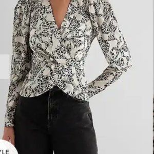NWT Express Satin Printed Puff Sleeve Draped Faux Wrap Peplum Top